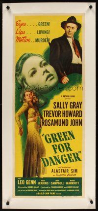 7e178 GREEN FOR DANGER linen insert '47 Sally Gray has loving lips, green eyes, but plans murder!