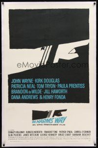 7e248 IN HARM'S WAY linen 1sh '65 Otto Preminger, classic Saul Bass pointing hand artwork!