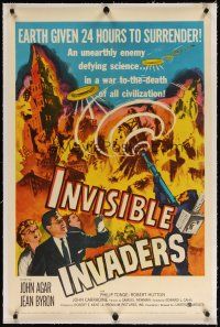 7e250 INVISIBLE INVADERS linen 1sh '59 cool artwork of alien who gives Earth 24 hours to surrender!