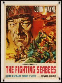 7e037 FIGHTING SEABEES linen Italian 20x27 R60s completely different art of John Wayne in WWII!