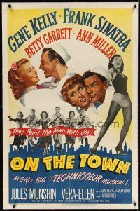 7e278 ON THE TOWN linen 1sh '49 Gene Kelly, Frank Sinatra, sexy Ann Miller's legs, Betty Garrett