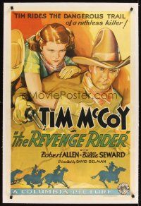 7e285 REVENGE RIDER linen 1sh '35 Tim McCoy rides the dangerous trail of ruthless killer, cool art!