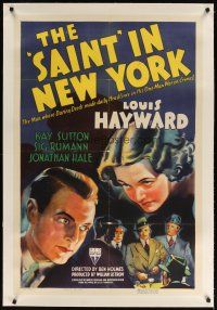 7e288 SAINT IN NEW YORK linen 1sh '38 cool art of Louis Hayward as Simon Templar & Kay Sutton!