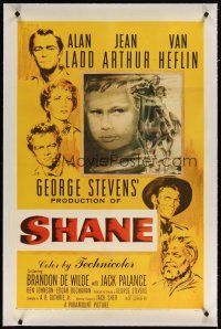 7e292 SHANE linen 1sh '53 most classic western, Alan Ladd, Jean Arthur, Van Heflin, Brandon De Wilde