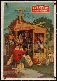 7e165 EVEREADY RADIO BATTERIES linen 20x30 advertising poster '30s Jackson art of kids in clubhouse!