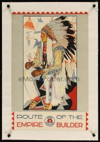 7e148 ROUTE OF THE EMPIRE BUILDER linen 16x25 railroad poster '30s Native American art by Reiss!