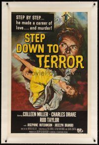 7e303 STEP DOWN TO TERROR linen 1sh '59 he made a career of love and murder, cool noir artwork!