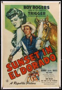 7e306 SUNSET IN EL DORADO linen 1sh '45 cool art of Roy Rogers, Trigger & sexy winking Dale Evans!