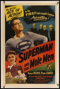 7e307 SUPERMAN & THE MOLE MEN linen 1sh '51 George Reeves in his 1st full-length feature adventure!