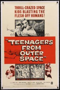 7e310 TEENAGERS FROM OUTER SPACE linen 1sh '59 thrill-crazed space kids blasting flesh off humans!