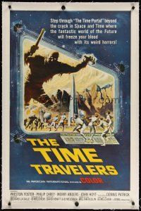 7e317 TIME TRAVELERS linen 1sh '64 cool Reynold Brown sci-fi art of the crack in space and time!