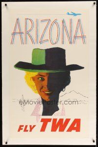 7e147 FLY TWA ARIZONA linen travel poster '60s cool cowgirl artwork & airplane by Austin Briggs!