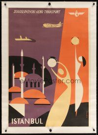 7e152 JUGOSLOVENSKI AERO TRANSPORT: ISTANBUL linen Yugoslavian travel poster '60s cool Sprewo art!