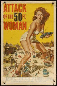 7f017 ATTACK OF THE 50 FT WOMAN 1sh '58 classic art of enormous Allison Hayes over highway!