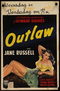 7f438 OUTLAW Belgian R1950s wonderful art of sexy Jane Russell with gun, Howard Hughes, rare!