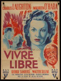 7f217 THIS LAND IS MINE French 23x32 '43 Maureen O'Hara fights Nazis, Charles Laughton, Renoir!