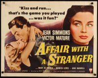 7f082 AFFAIR WITH A STRANGER revised style B 1/2sh '53 Jean Simmons, Victor Mature, kiss & run!