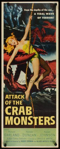 7f110 ATTACK OF THE CRAB MONSTERS insert '57 Roger Corman, art of sexy girl grabbed by beast!