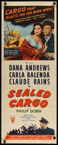 7f140 SEALED CARGO insert '51 great art of Dana Andrews & Carla Balenda, with ship exploding!