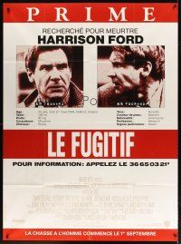7g045 FUGITIVE advance French 1p '93 cool different mugshot, Harrison Ford is Wanted!