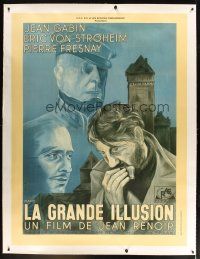 7g140 GRAND ILLUSION linen French 1p R80s Jean Renoir, art of Erich von Stroheim, Fresnay & Gabin!
