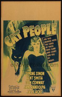7g016 CAT PEOPLE WC '42 Val Lewton classic, full-length art of sexy Simone Simon & giant feline!