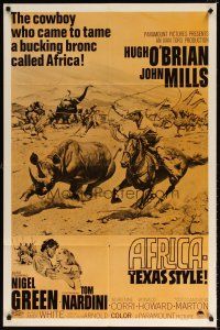 7h036 AFRICA - TEXAS STYLE 1sh R70s art of Hugh O'Brian roping zebra by stampeding animals!