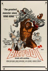 7h092 BIGFOOT 1sh '71 great artwork of the legendary monster tossing motorcycle!