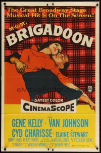 7h129 BRIGADOON 1sh '54 great romantic close up art of Gene Kelly & Cyd Charisse!