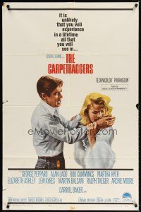 7h146 CARPETBAGGERS 1sh '64 great close up of Carroll Baker biting George Peppard's hand!