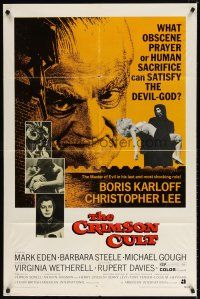 7h197 CRIMSON CULT 1sh '70 Boris Karloff, Christopher Lee, what can satisfy the devil-god?