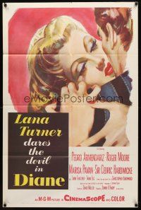 7h245 DIANE 1sh '56 sexy Lana Turner dares the devil, great close up romantic artwork!