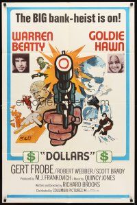 7h013 $ style D 1sh '71 bank robbers Warren Beatty & Goldie Hawn, cool art of gun!