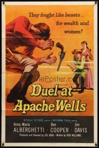7h271 DUEL AT APACHE WELLS 1sh '57 they fought like beasts for wealth & women, gun duel art!