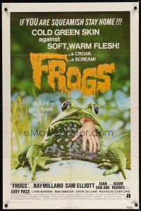 7h362 FROGS 1sh '72 great horror art of man-eating amphibian with human hand hanging from mouth!