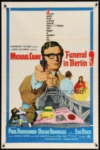 7h368 FUNERAL IN BERLIN 1sh '67 cool art of Michael Caine pointing gun, directed by Guy Hamilton!