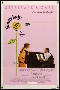 7h369 FUNNY LADY 1sh '75 Barbra Streisand watches James Caan play piano!
