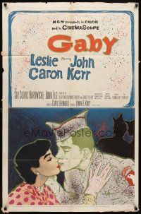 7h373 GABY 1sh '56 wonderful close up art of soldier John Kerr kissing Leslie Caron!