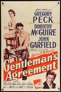 7h379 GENTLEMAN'S AGREEMENT 1sh R53 Elia Kazan, Gregory Peck, Dorothy McGuire, John Garfield
