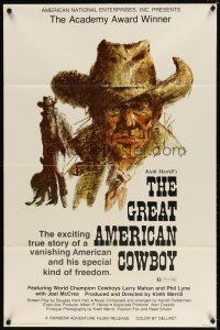 7h398 GREAT AMERICAN COWBOY 1sh '74 Larry Mahan, cool Ralph Butler cowboy art!