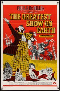 7h402 GREATEST SHOW ON EARTH int'l 1sh R70s Cecil B. DeMille circus classic, clown James Stewart!