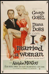 7h454 I MARRIED A WOMAN 1sh '58 artwork of sexiest Diana Dors sitting in George Gobel's lap!