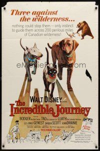 7h462 INCREDIBLE JOURNEY 1sh '63 Disney, art of Bull Terrier, Siamese cat & Labrador Retriever!