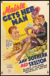 7h566 MAISIE GETS HER MAN 1sh '42 artwork of sexy Ann Sothern & Red Skelton on pile of money!