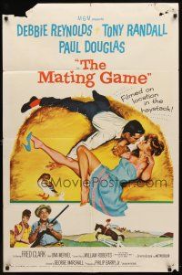 7h580 MATING GAME 1sh '59 Debbie Reynolds & Tony Randall are fooling around in the hay!