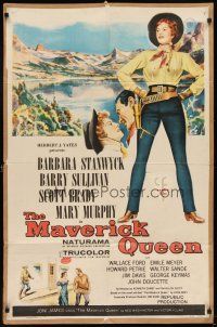 7h582 MAVERICK QUEEN 1sh '56 full-length art of Barbara Stanwyck, from Zane Grey's novel!