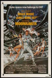 7h608 MOONRAKER 1sh '79 art of Roger Moore as James Bond & sexy Lois Chiles by Goozee!