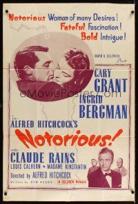 7h643 NOTORIOUS 1sh R60s close up of Cary Grant & Ingrid Bergman, Alfred Hitchcock classic!