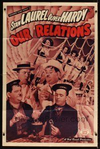 7h655 OUR RELATIONS 1sh R48 great images of Stan Laurel & Oliver Hardy!