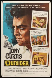 7h659 OUTSIDER 1sh '62 great close up art of Tony Curtis as Ira Hayes of Iwo Jima fame!